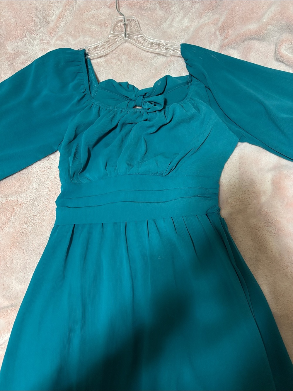 Women's Teal Long Sleeve Chiffon Dress with Twist Front